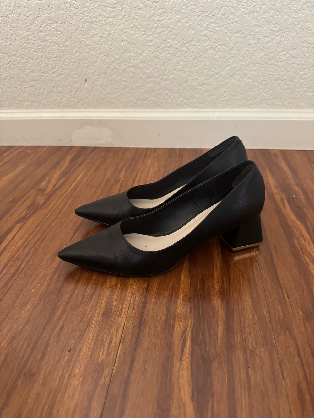 Charles & Keith Black Pointed Toe Block Heel Pumps Gold Detail